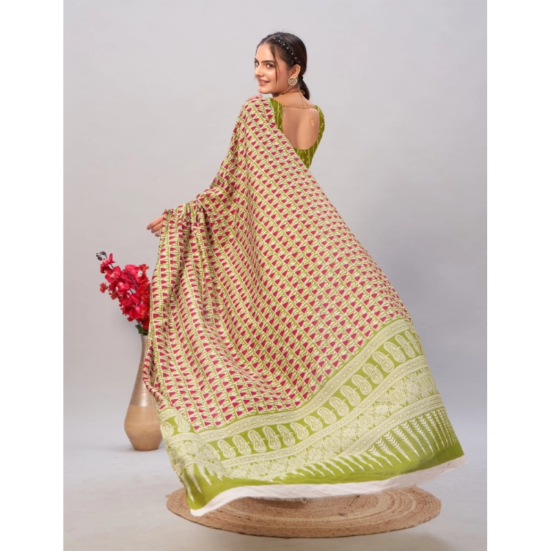 Generic Women's Cotton Ajrakh Printed Saree With Unstitched Blouse 5.5Mtr (Green) - Image 2