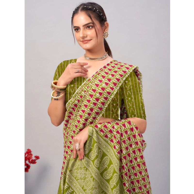 Generic Women's Cotton Ajrakh Printed Saree With Unstitched Blouse 5.5Mtr (Green) - Image 4