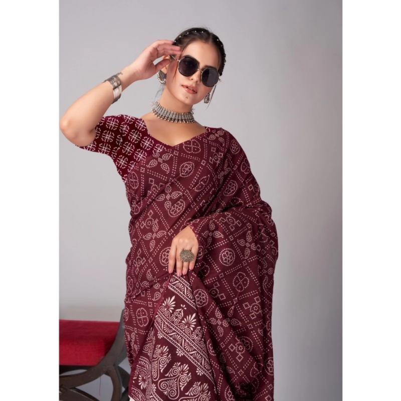 Generic Women's Cotton Ajrakh Printed Saree With Unstitched Blouse 5.5Mtr (Brown) - Image 3