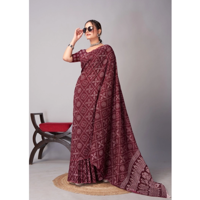 Generic Women's Cotton Ajrakh Printed Saree With Unstitched Blouse 5.5Mtr (Brown) - Image 4