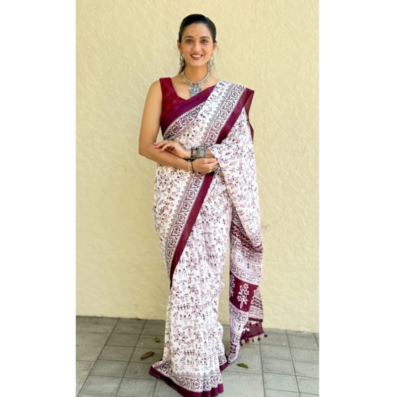 Generic Women's Bhagalpuri Silk Warli Printed Saree With Unstitched Blouse 5.5Mtr (Wine) - Image 3