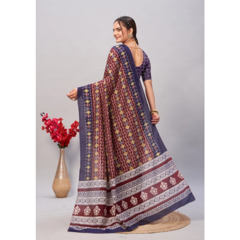 Generic Women's Cotton Ajrakh Printed Saree With Unstitched Blouse 5.5Mtr (Blue) - Image 2