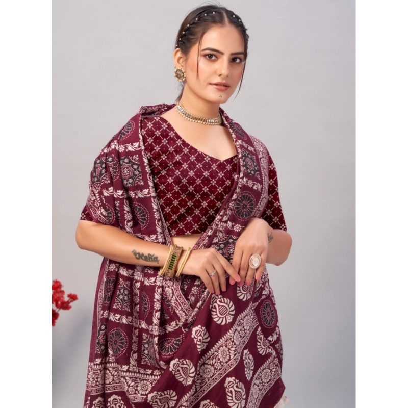 Generic Women's Cotton Ajrakh Printed Saree With Unstitched Blouse 5.5Mtr (Wine) - Image 4