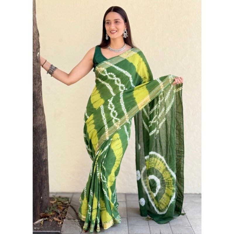 Generic Women's Cotton Shibori Printed Saree With Unstitched Blouse 5.5Mtr (Green) - Image 2