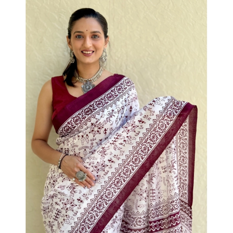 Generic Women's Bhagalpuri Silk Warli Printed Saree With Unstitched Blouse 5.5Mtr (Wine) - Image 2