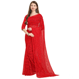 Generic Women's Net Self Design Bollywood Saree With Unstitched Blouse (5.5Mtr, Red)