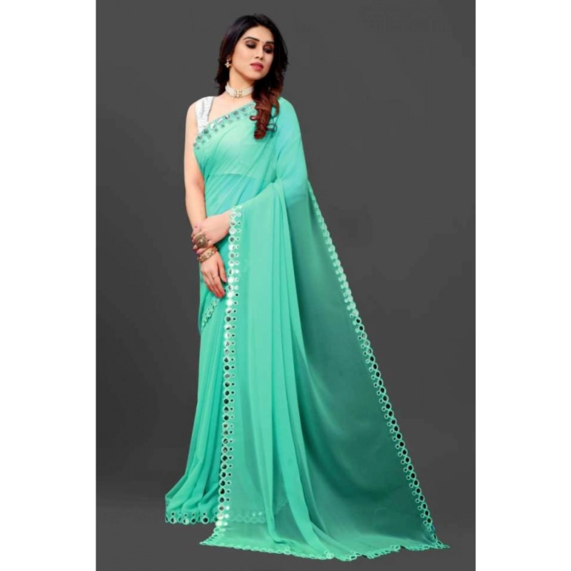 Generic Women's Georgette Embellished Bollywood Saree With Unstitched Blouse (5.5Mtr, Light Green) - Image 2