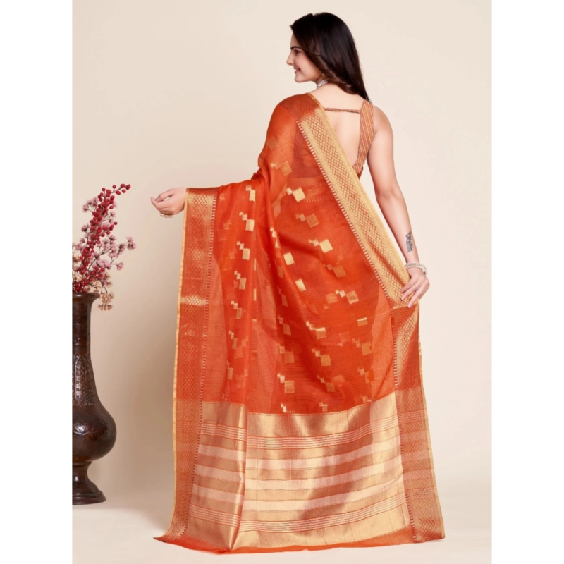 Generic Women's Silk Blend Printed Banarasi Saree With Unstitched Blouse (5.5Mtr, Red) - Image 3
