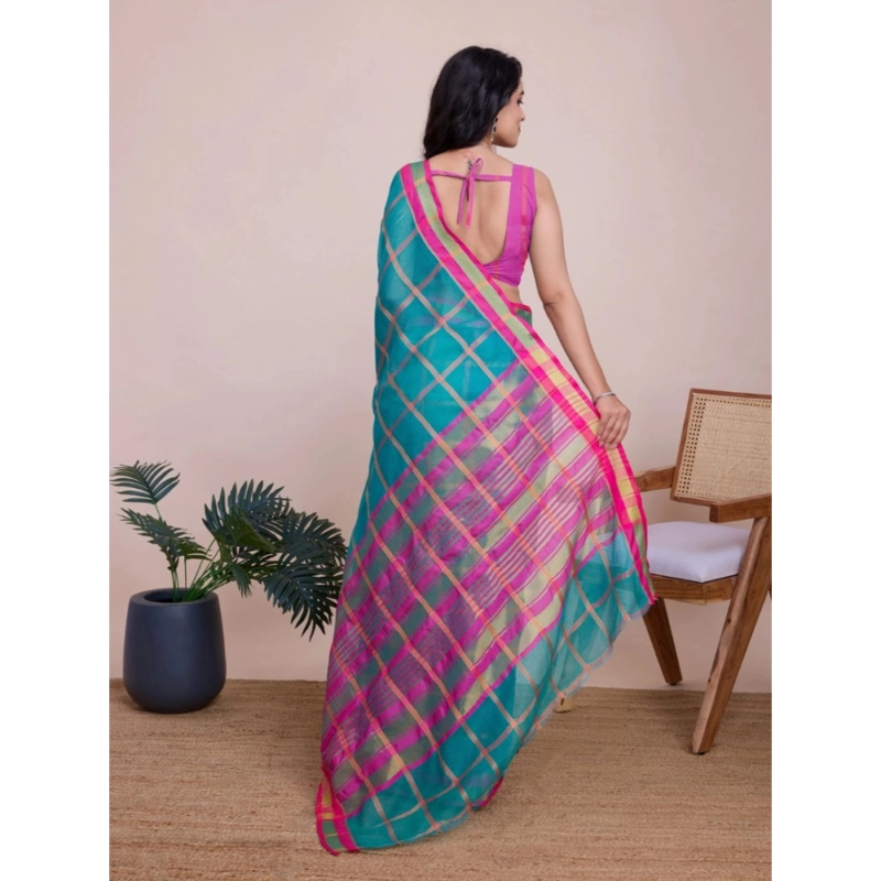 Generic Women's Cotton Silk Checkered Kota Doria Saree With Unstitched Blouse (5.5Mtr, Rama) - Image 3