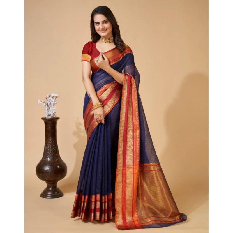 Generic Women's Cotton Blend Woven  Saree With Unstitched Blouse (5.5Mtr, Navy Blue)
