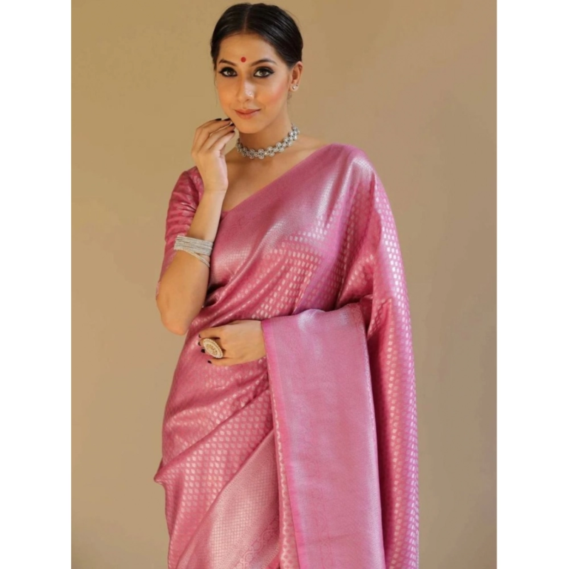 Generic Women's Silk Blend Woven Kanjivaram Saree With Unstitched Blouse (5.5Mtr, Pink) - Image 2