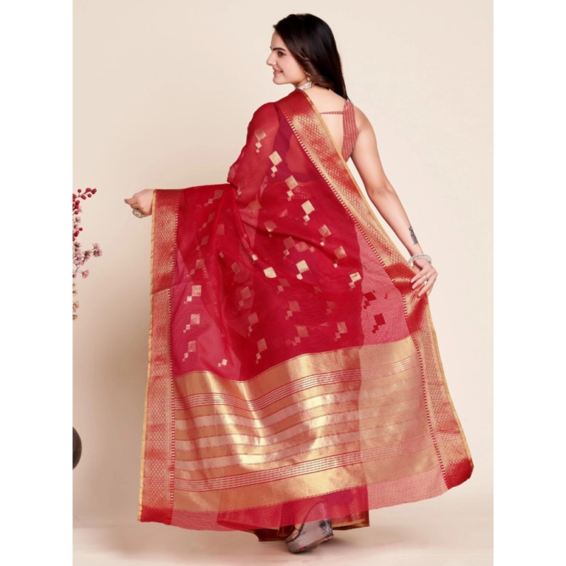 Generic Women's Silk Blend Printed Banarasi Saree With Unstitched Blouse (5.5Mtr, Dark Rani) - Image 2