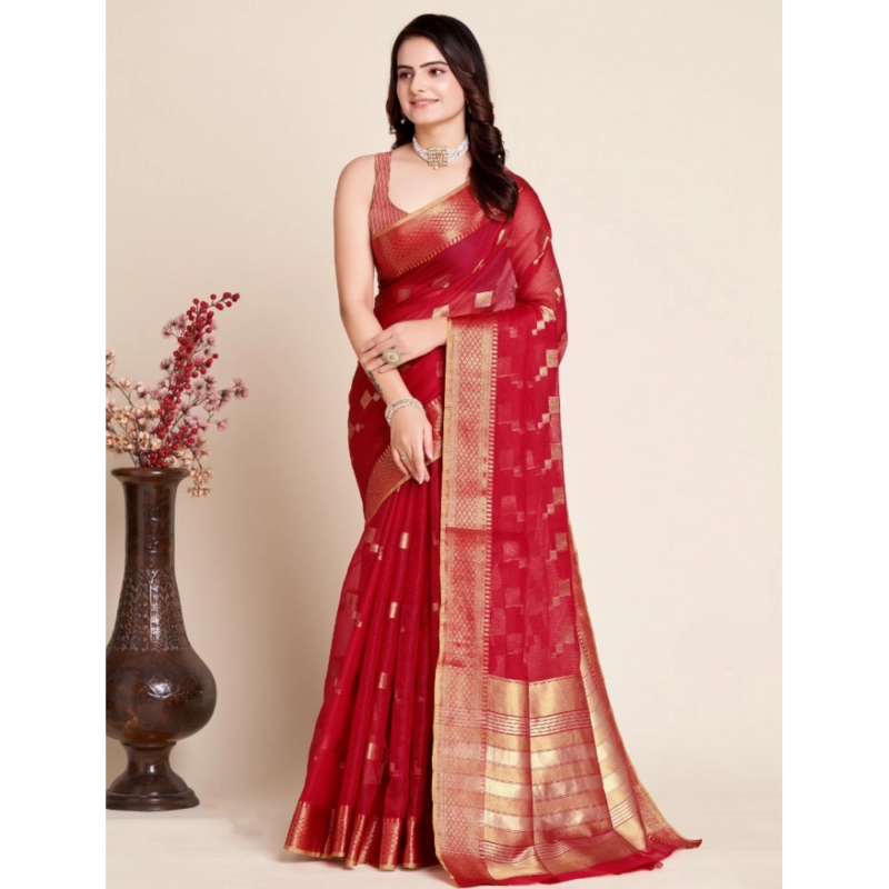 Generic Women's Silk Blend Printed Banarasi Saree With Unstitched Blouse (5.5Mtr, Dark Rani)