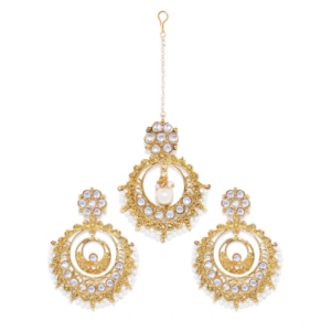 Generic Women's Rose Gold Plated Alloy Kundan Earrings & Mangtikka (White)