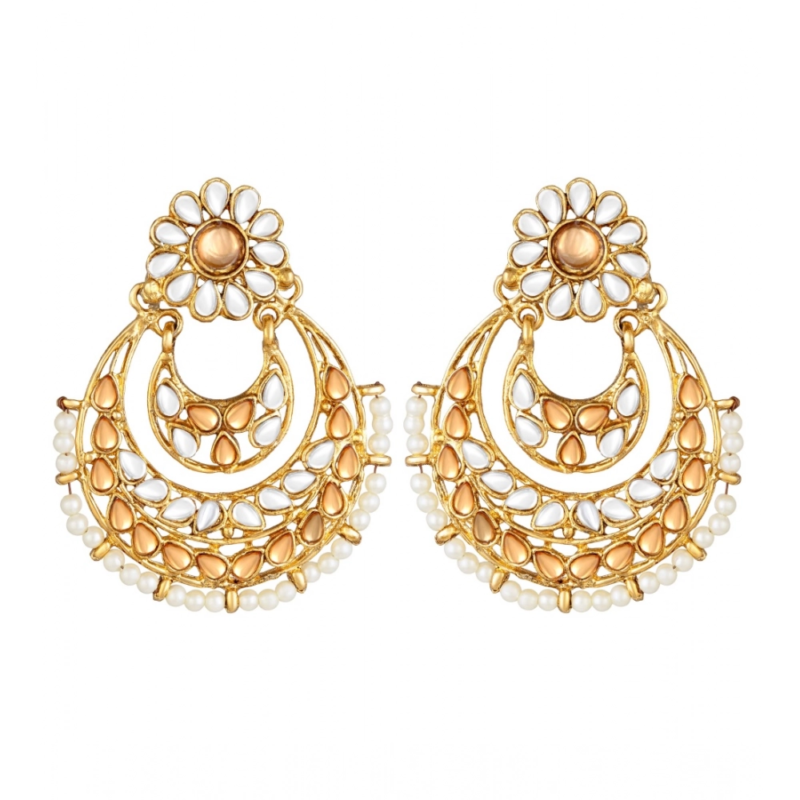 Generic Women's Rose Gold Plated Alloy Kundan Earrings & Mangtikka (White & Gold)