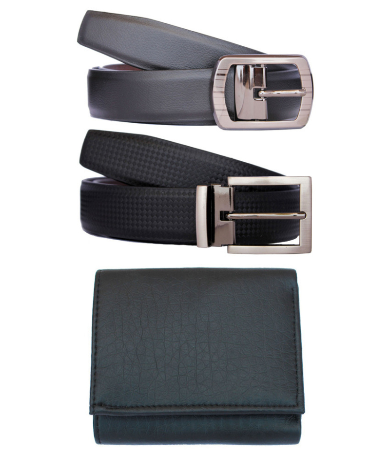 Fashion Black Pin Buckle Leather Belt And Wallet - Combo Of 3
