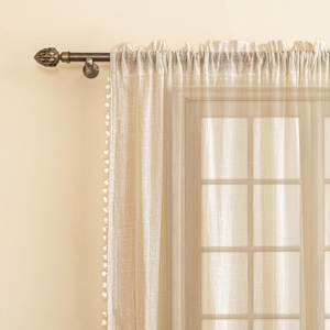Seasons Window 5 Feet Curtains Sheer Linen Textured Panels Set with Border Pompoms, Solid Beige