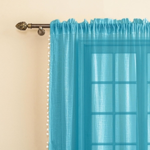 Seasons Sheer Door Curtains with Pompoms- 7 Feet Curtain Panels, Sun Light Filtering,Blue