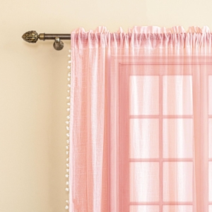 Seasons Linen Textured Sheer Curtains for Long Door Semi Transparent 8 Feet Long Panels Set with Border Pompoms,Baby Pink