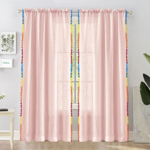 Seasons Sheer Curtains for Long Door Linen Textured 8 Feet Long Panels Set with Border Pompoms,Baby Pink