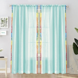 Seasons Cotton Sheer Long Door Curtains Sun Light Filtering 8 Feet Long Drapes Beautiful Multicolor Border Pompoms Celeste