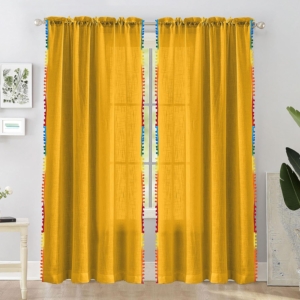 Seasons 8 Feet Long Door Curtains with Multicolor Pompoms Faux Linen Drapes Curtain Semi Transparent Mustard