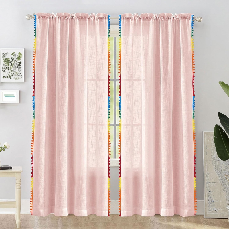 Seasons Sheer Curtains for Long Door Linen Textured 9 Feet Long Panels Set with Border Pompoms, Solid Baby Pink
